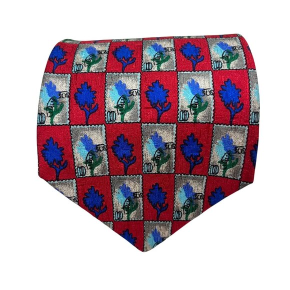 Givenchy men's tie 100% silk NWT red blue stamp pattern 57" long  4" wide - Picture 1 of 7